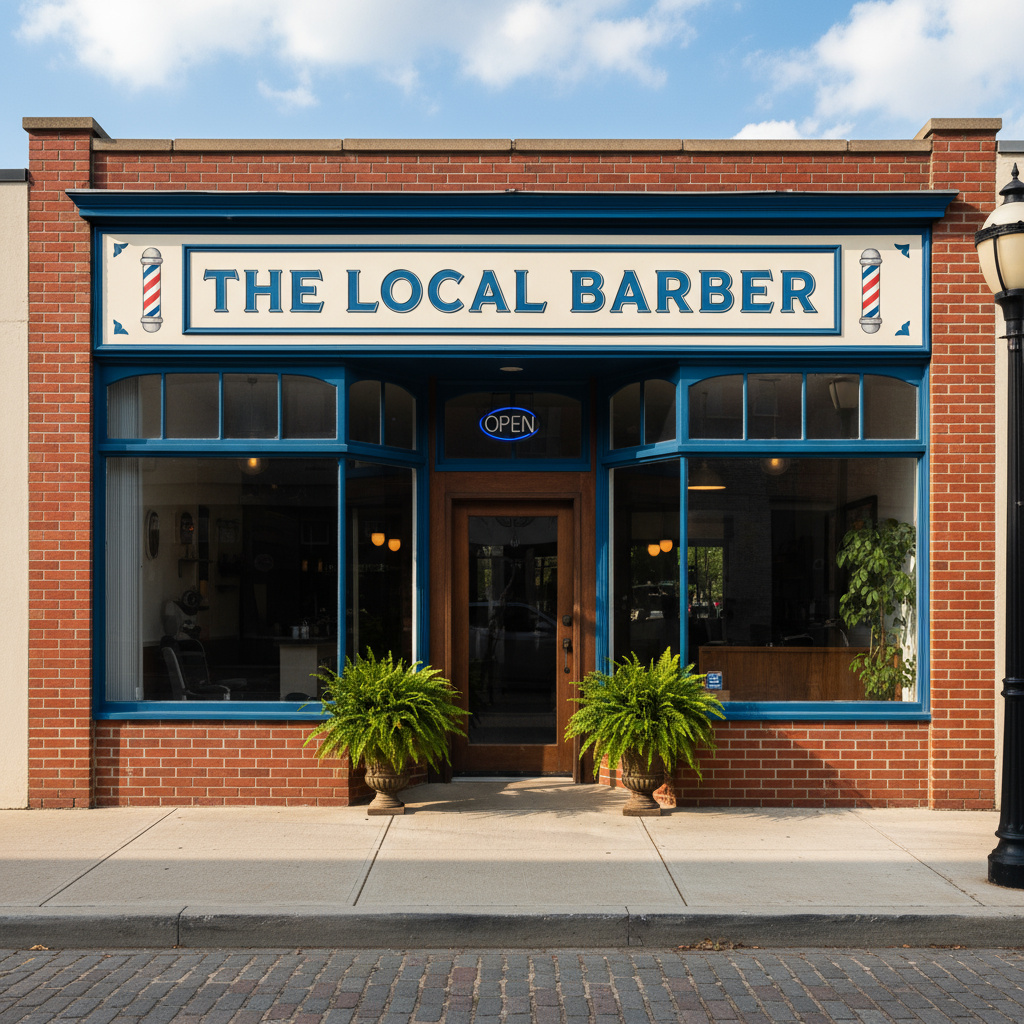 Außenansicht eines Barbershops mit klarer Beschilderung, tagsüber