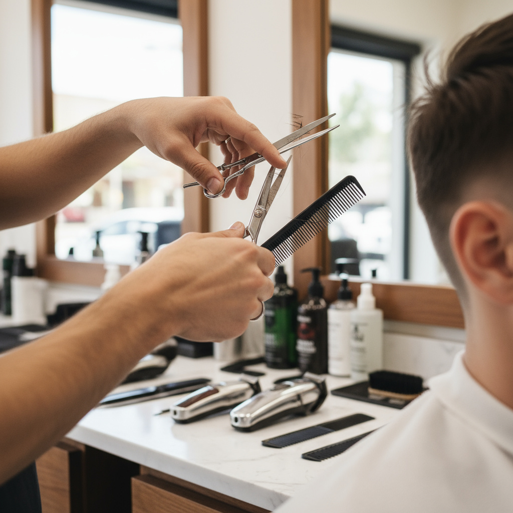 Nahaufnahme eines Haarschnitts mit Schere und Kamm, professionelles Equipment